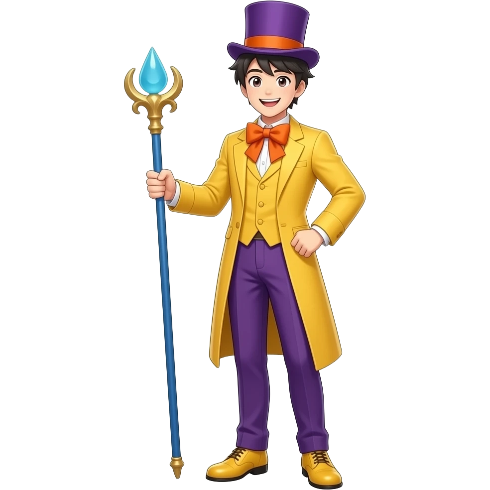 Anime men look happy yellow dress suite and purple pants purple top hat yellow dress shoes orange big bow short blue staff very tall full body emoji