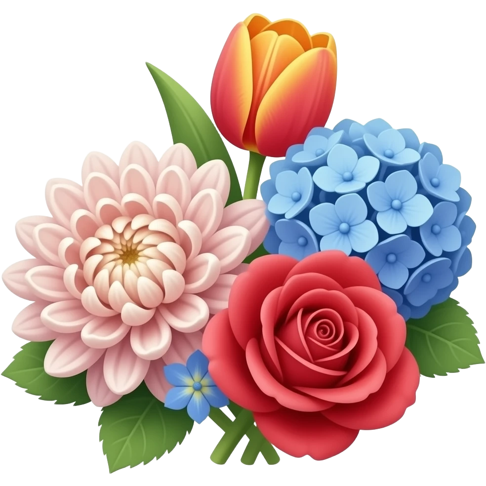a bunch offlowers with a chrysanthemum, a tulip, a hydrangea, a rose emoji