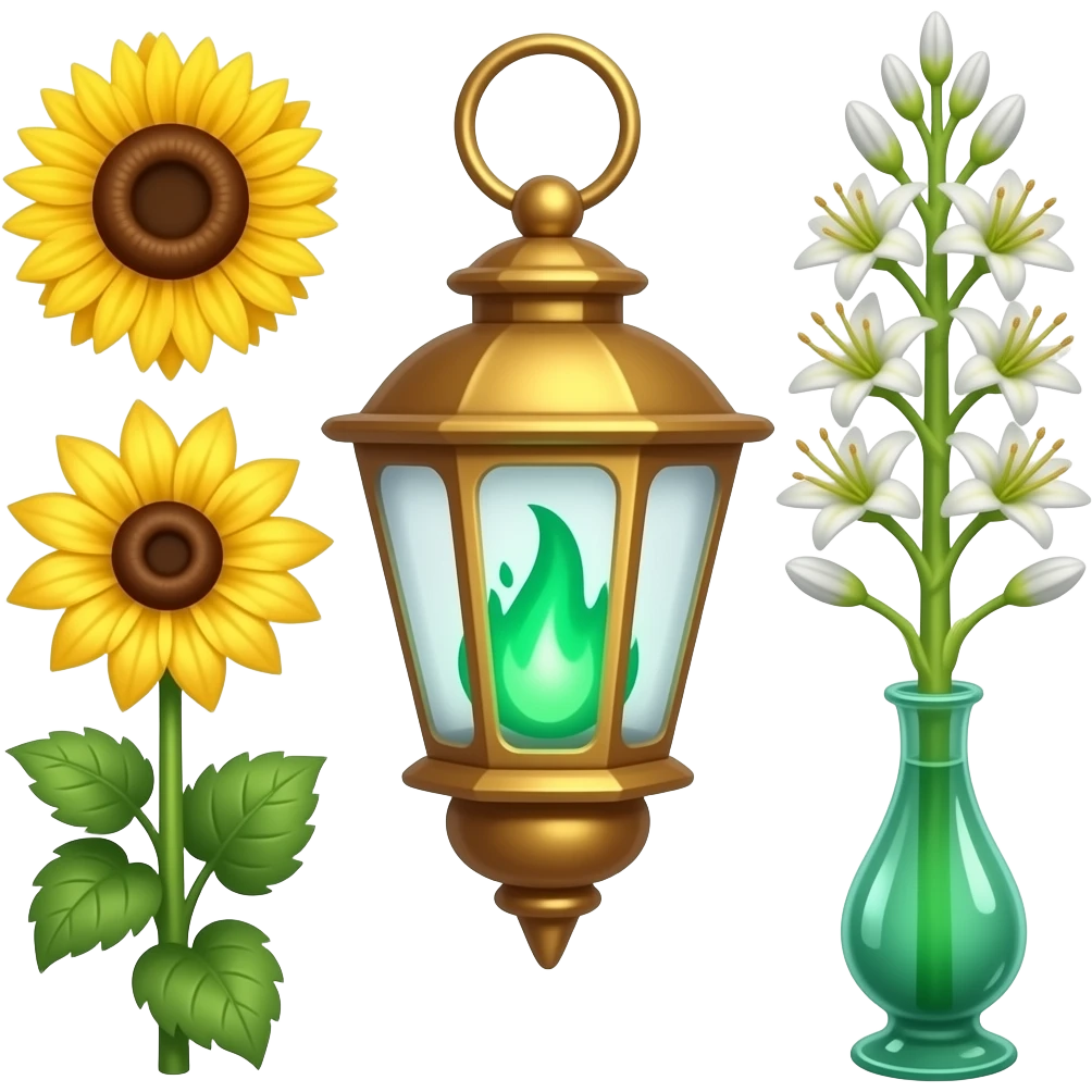 A golden hanging lantern with a bright emerald flames, an empty loop on top, fae themed sunflowers on the left and fully bloomed asphodels on the right as part of the design, but simple focus more on the green flames, paint the glass more green, have its bottom point come to some sort of point emoji