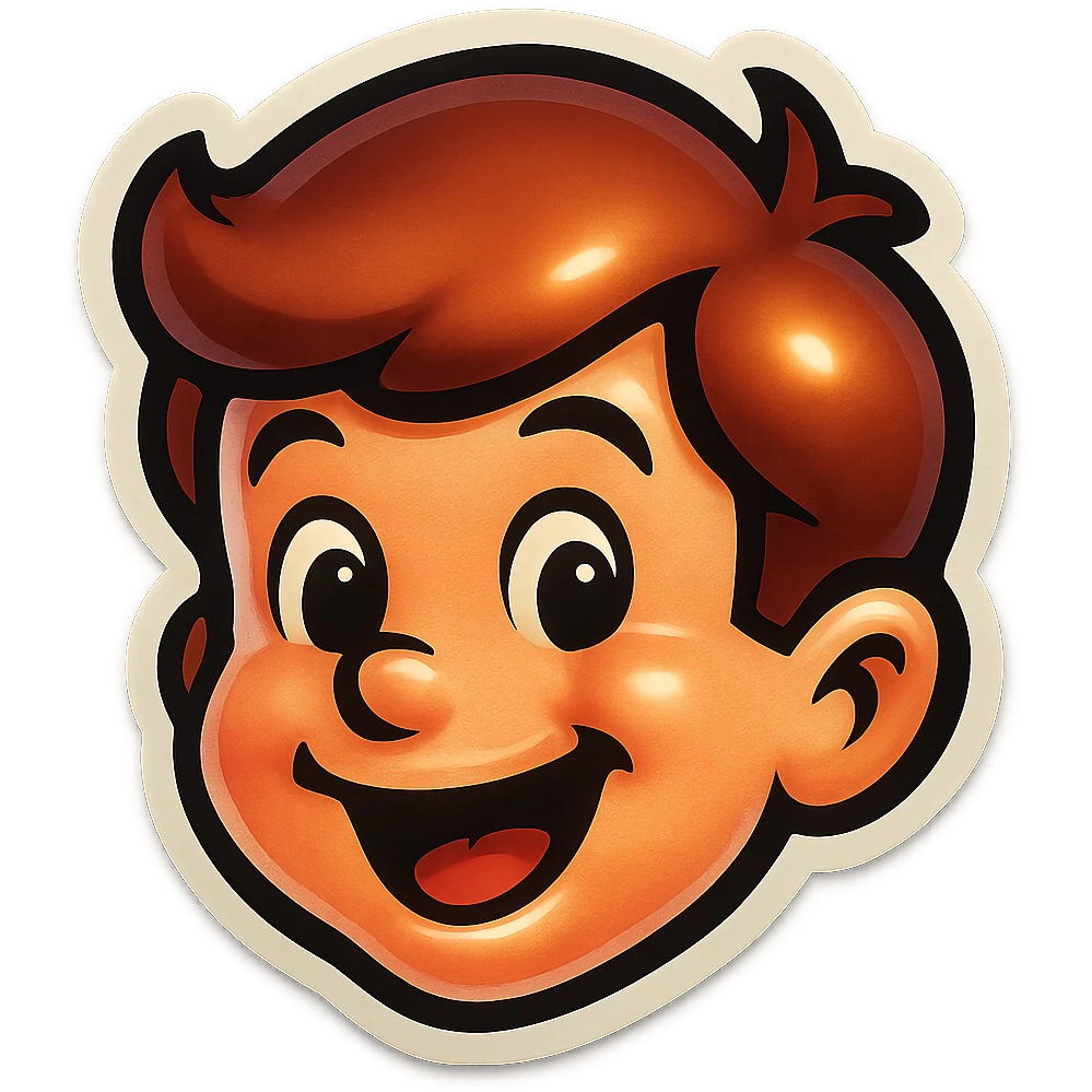 Edit the boy's face to have a happy, open-mouthed smile, maintaining the original cartoon style and quality of the retro stickers style. emoji