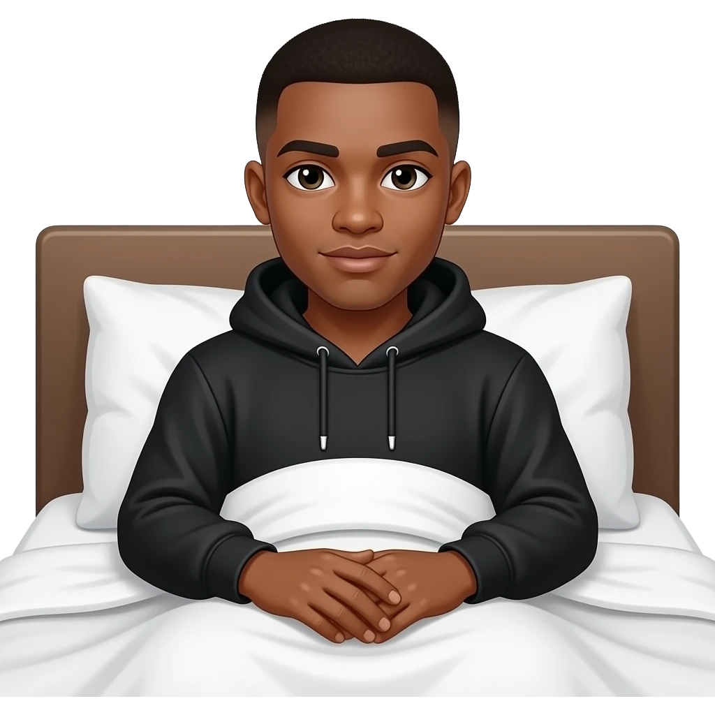 make a black skinned 20 year old man in a brown low taper fade sitting up in he king sized bed under the covers in a black sweatshirt with his hood up on his head emoji