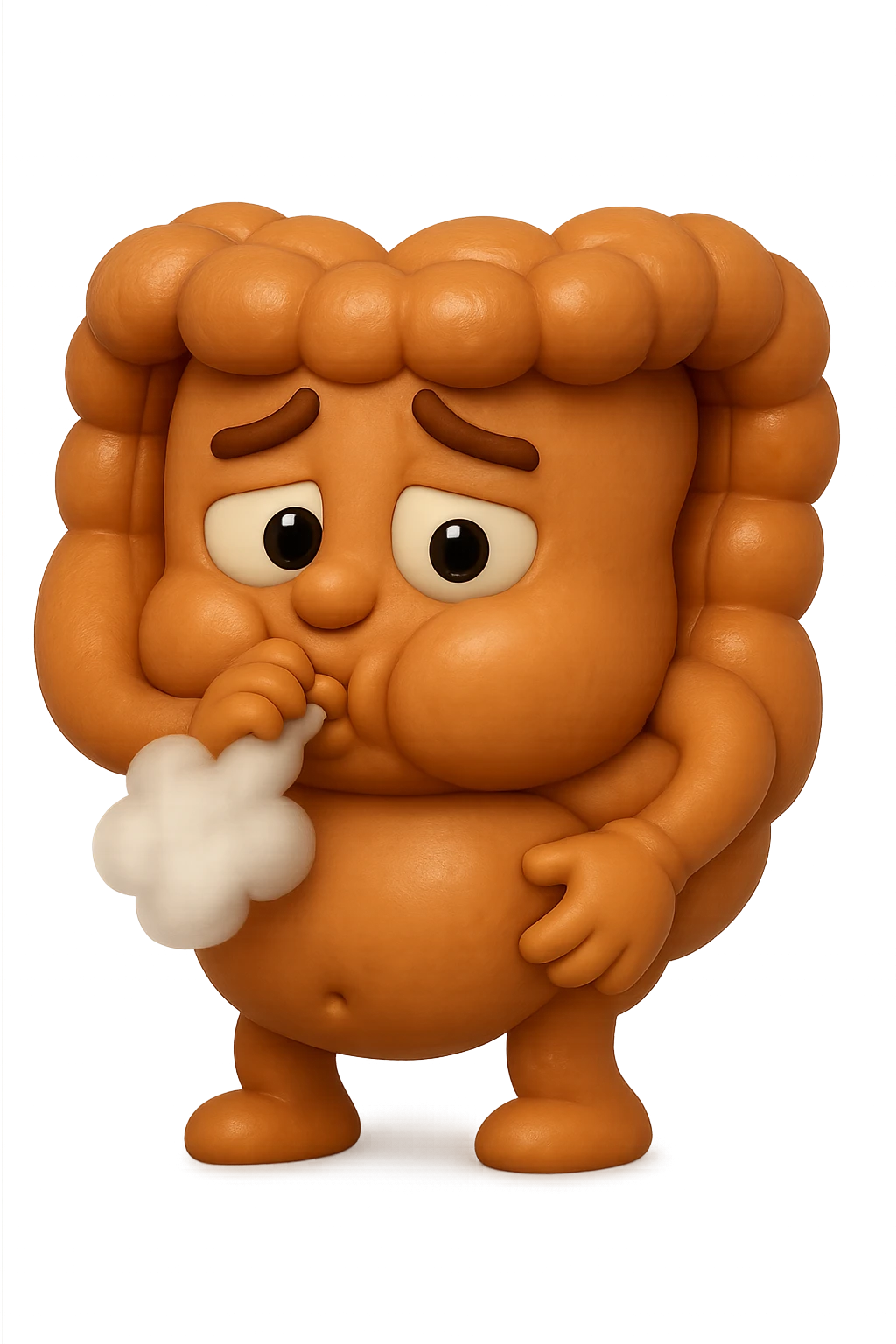 emoji stile iphone di un intestino che ingoia una nuvoletta di aria ben visibile e gli si gonfia la pancia, iperrealistico 4k emoji