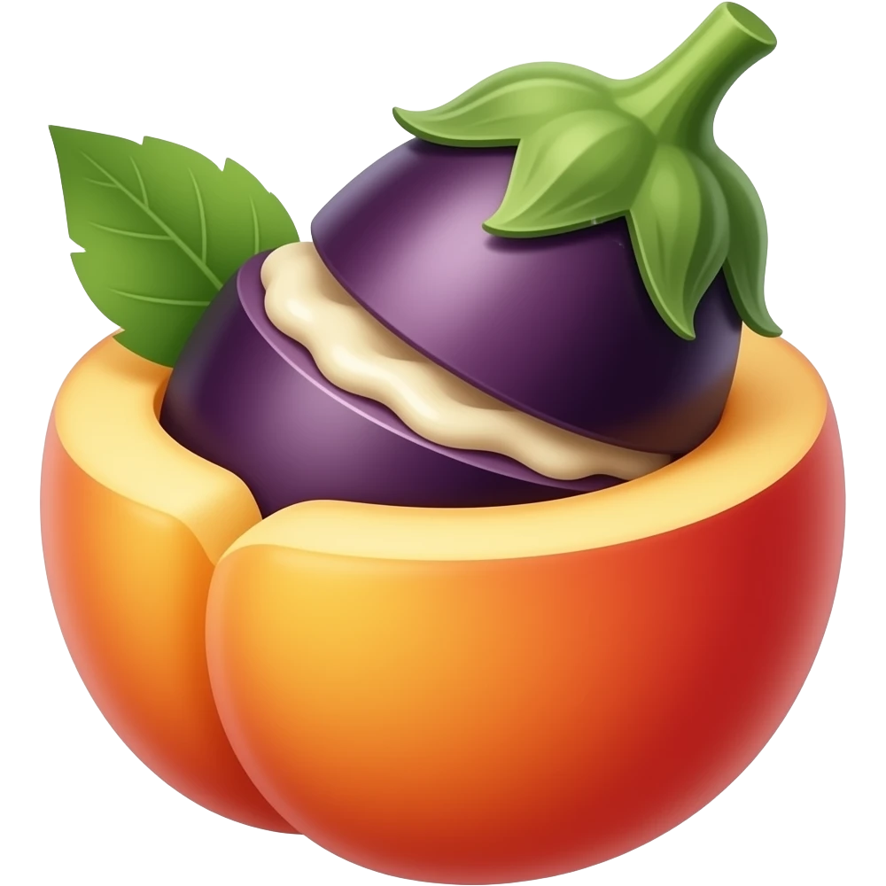 Eggplant with cream inserted into a peach emoji