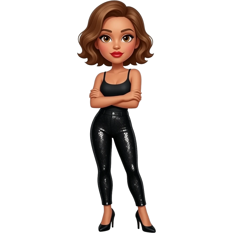 glamours,-tanned,-very-beautiful-woman-with-big-plump-red-lips,-long-long-lashes,-honey-silky-very short- hair,-wavy-hair,-hazel-eyes- wearing-black-bodysuit-and-black-sequinned-pants-black-stilettos-and arms-shrugging-waist-up emoji