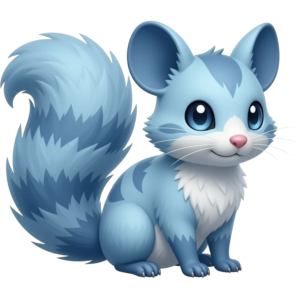 Cyan, dark-cobalt-blue-pointed, soft realistic romantic vintage antique divine beautiful elegant pretty precious cute young youthful Fakémon-Pokémon-opossum-feline-mouse-serval-caracal-chinchilla-Minccino-Cinccino-Meowstic-rodent-hybrid-creature with a big fluffy bushy tail (full body) emoji