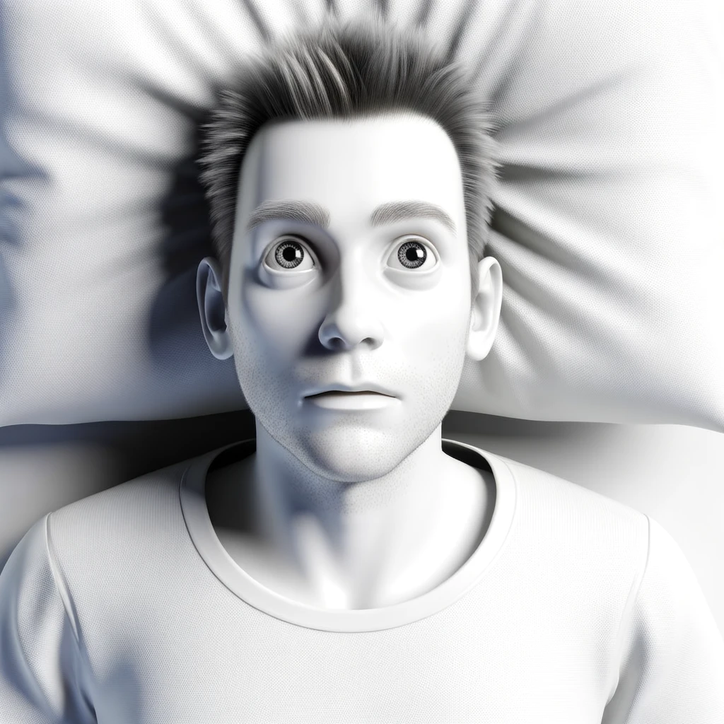 corpo umano anatomico con capelli corti che non riesce a dormire, sta nel letto con  gli occhi sbarrati e l'espressione nervosa, visto dall'alto, iperrealistica 4k, isolato su sfondo bianco emoji