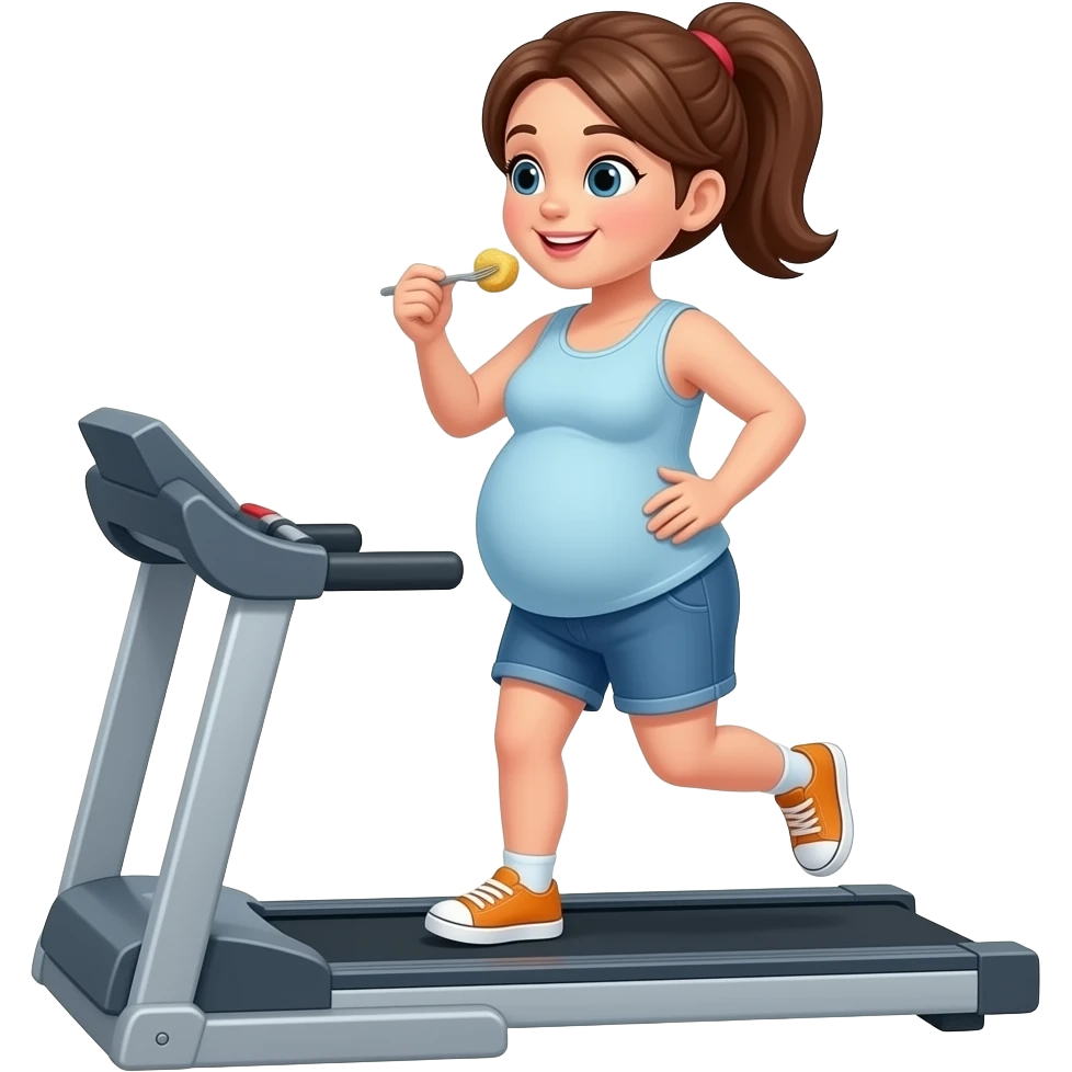 Generate me a girl has big tummydoing treadmill while eating emoji