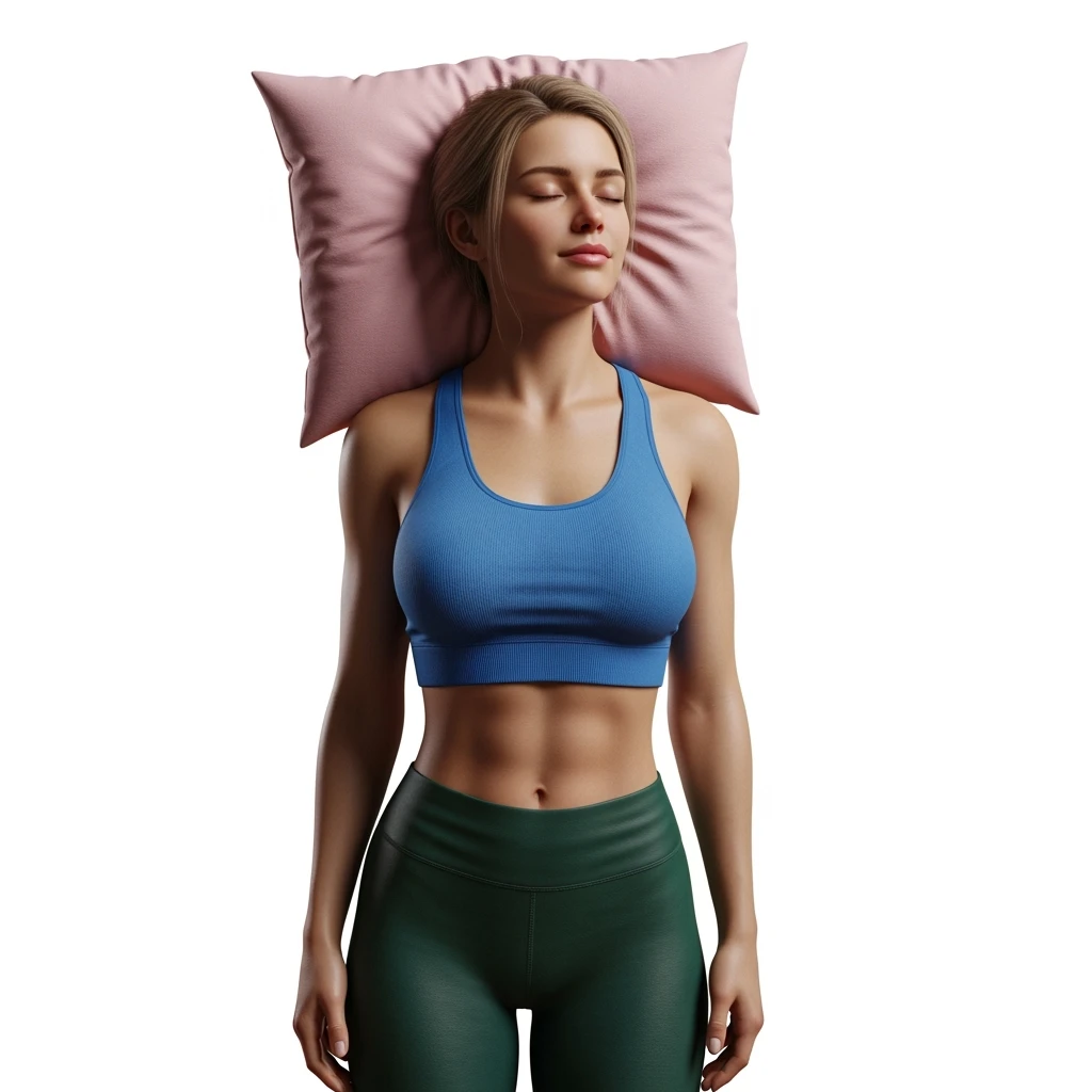 DONNA FITNESS IN PIEDI CON CUSCINO DIETRO LA TESTA MENTRE PROVA A DORMIRE, IPERREALISTICA 4K, SENZA SFONDO emoji