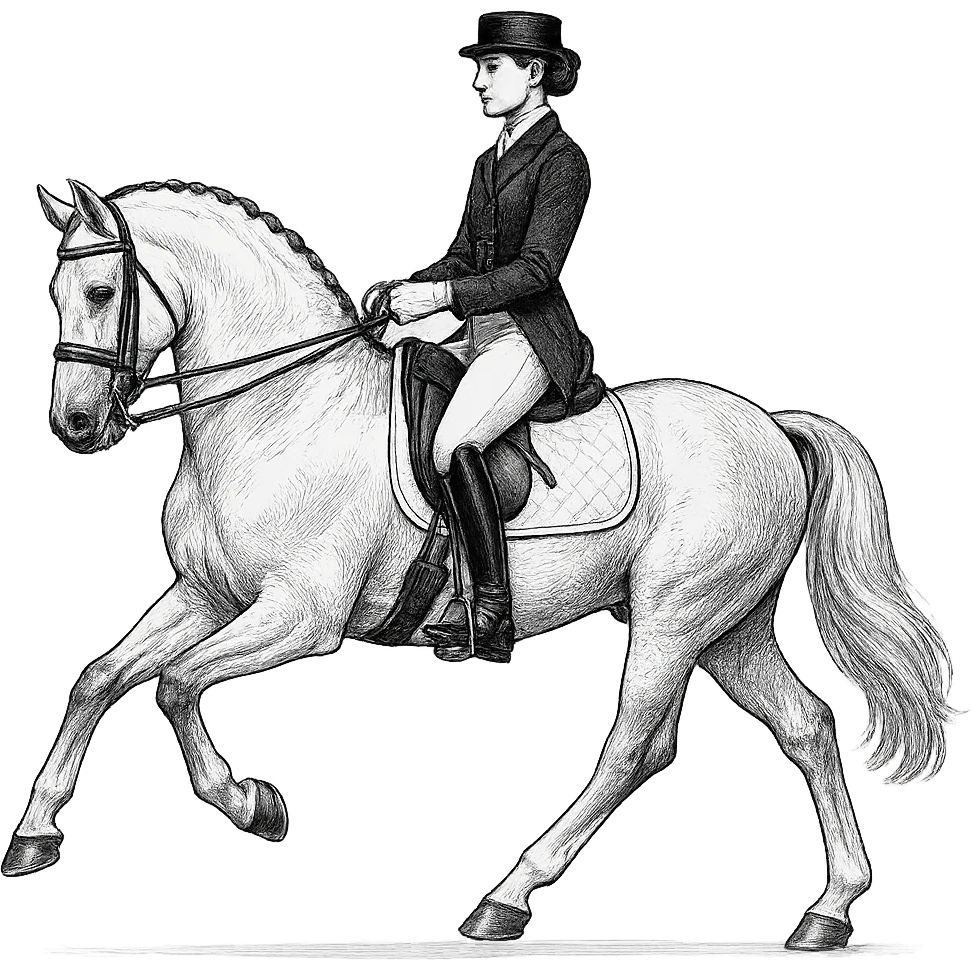 a dressage rider on a white dressage horse, elegant equestrian scene, detailed, graceful posture, horse in collected trot, rider in formal attire, no background emoji