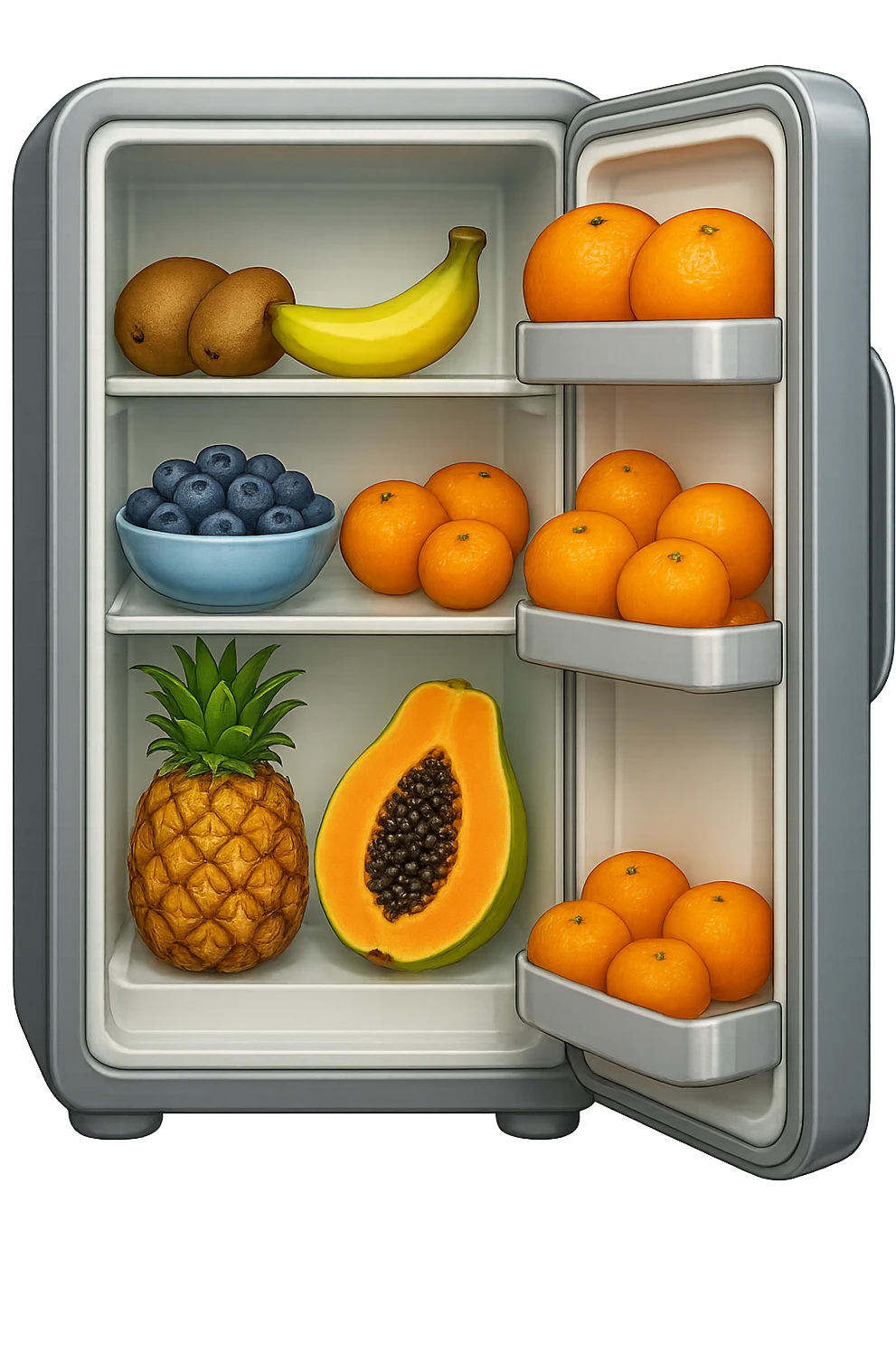 emoji stile iphone di un frigo aperto con dentro ben visibili questi alimenti: Kiwi
Banana acerba
Arance e mandarini
Mirtilli
Ananas
Papaya
IPERREALISTICO 4K emoji