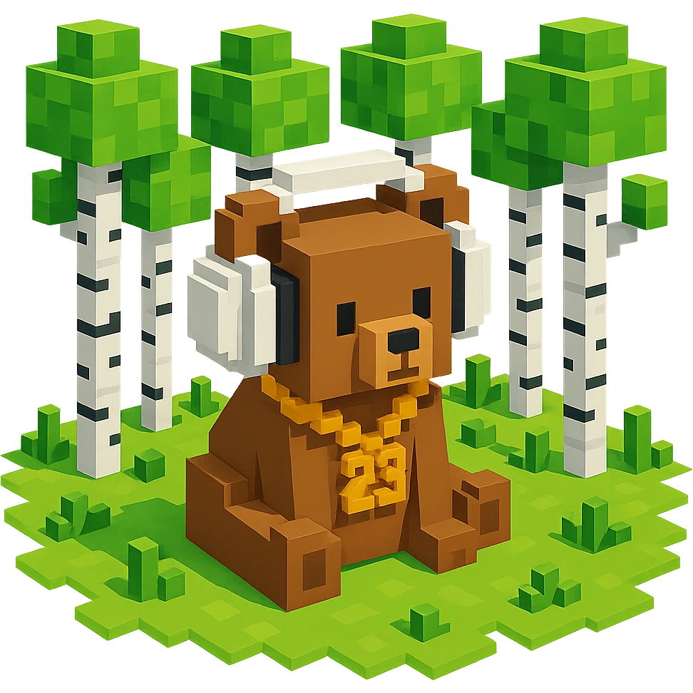 березовый лес, в котором сидит бурый медвежонок в белых наушниках (наушники должны закрывать уши медведя), на медведе цепь с подвеской "23", no background  emoji