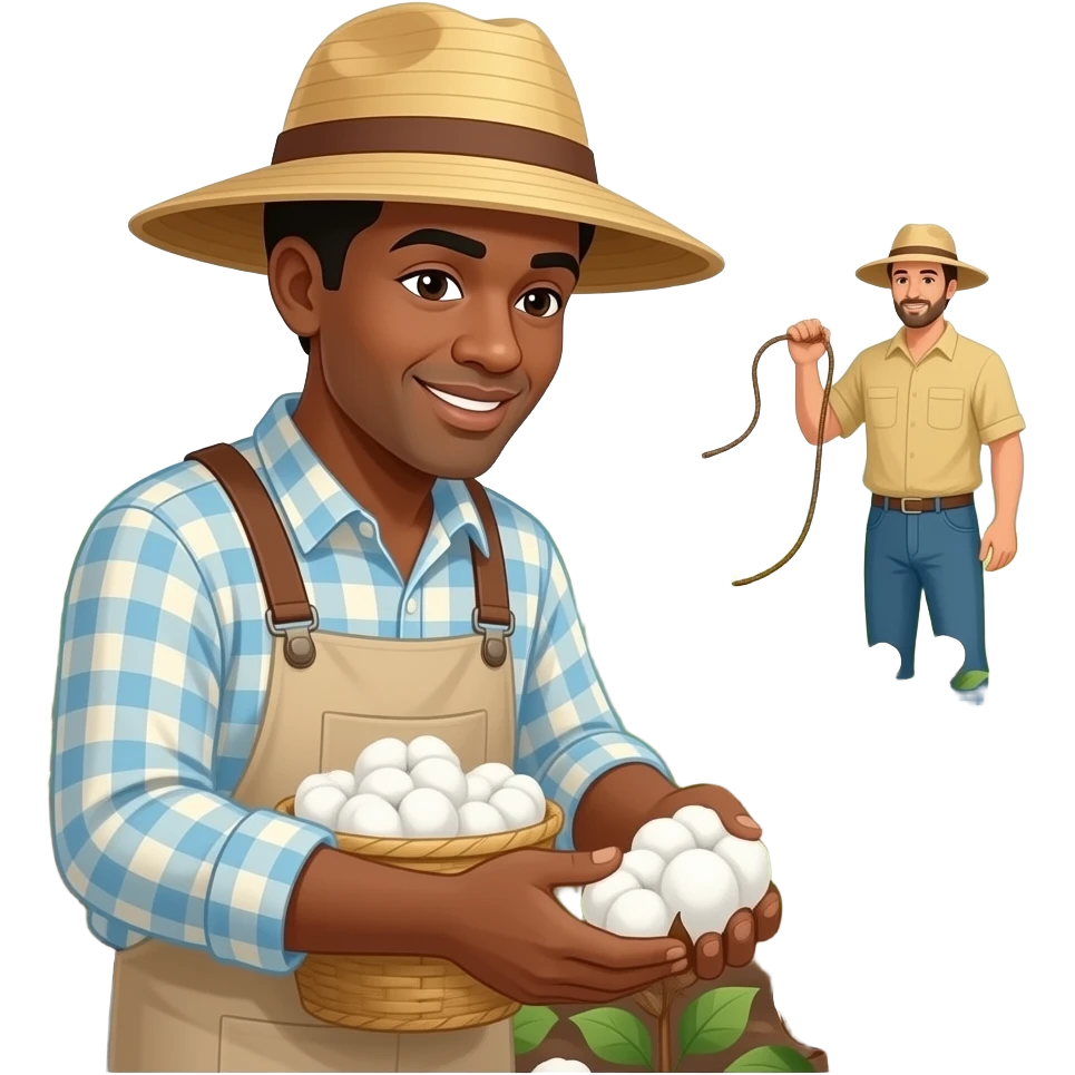 black person picking cotton at farm and a person with a whip in the background emoji
