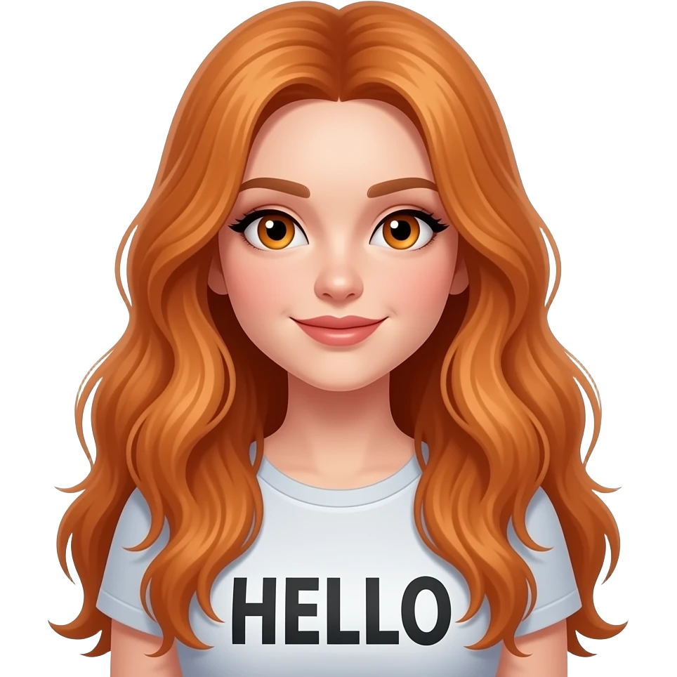 sexy girl with overlong ginger hair and ginger eyes a top with HELLO written on it emoji