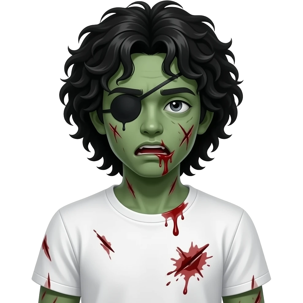 low quality, dark green skin zombie, black long curly 3c type hair, mouth slightly open with blood leaking out of mouth, wounds and on zombie, white regular tee shirt, a young teenager, no wrinkles on face at all, eyes blacked out all the way with one eye shut, bloody cuts, one eye shut emoji