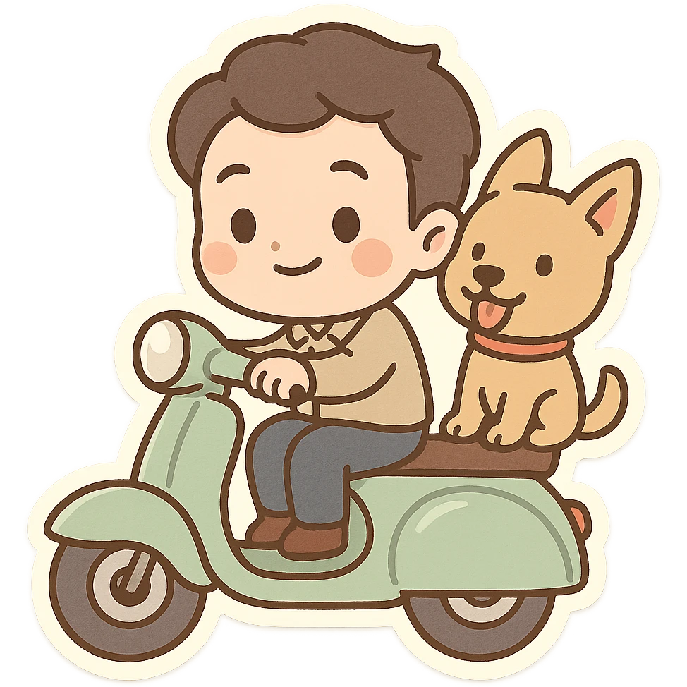 man and his pet dog riding a vespa emoji