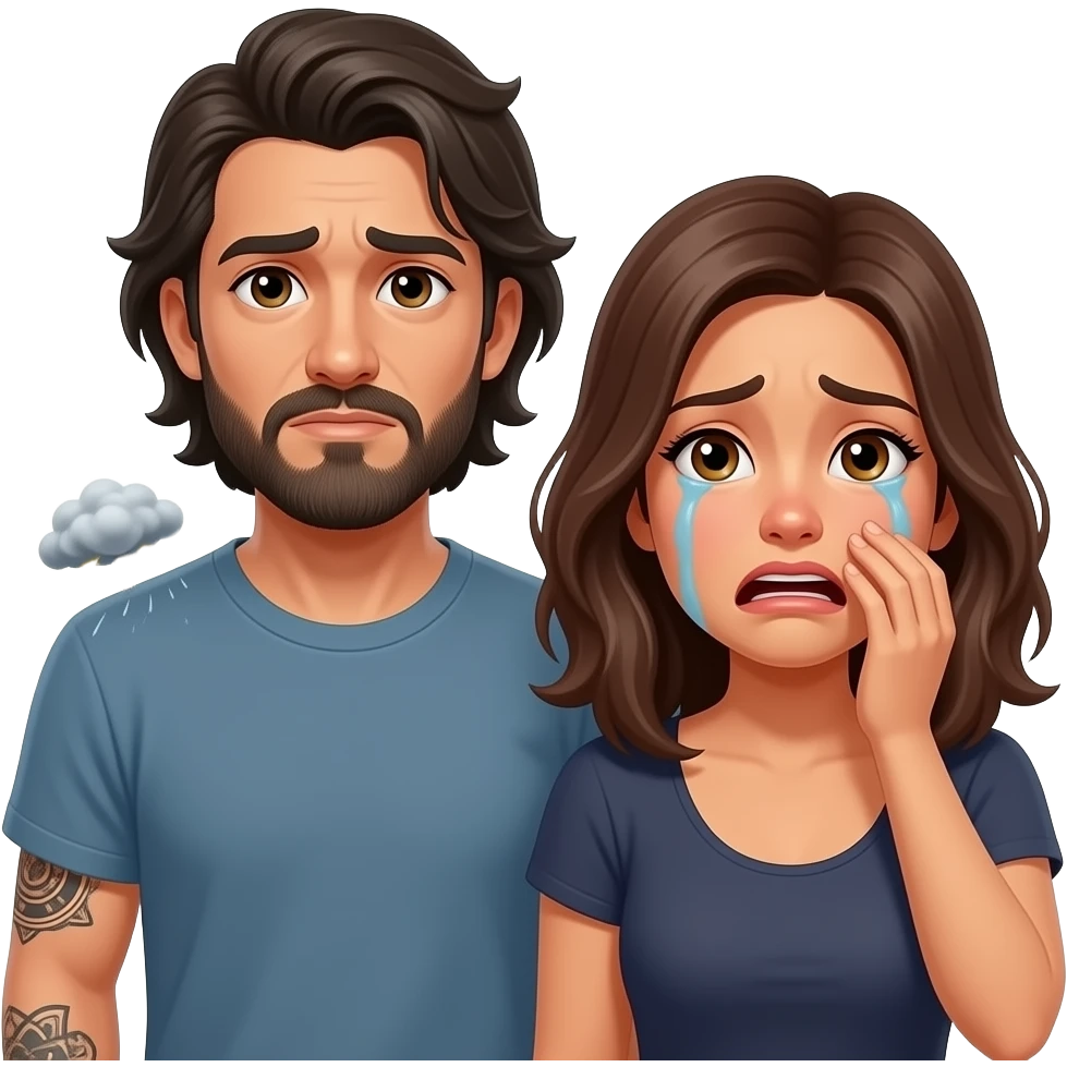 A really, really sad but they are always arguingLatino couple man has a beard, medium hair and tattoos and his wife is beautiful with hazel eyes and shoulder length brown hair and their relationship is broken and somebody’s always storming out of the house and the other one is left crying emoji