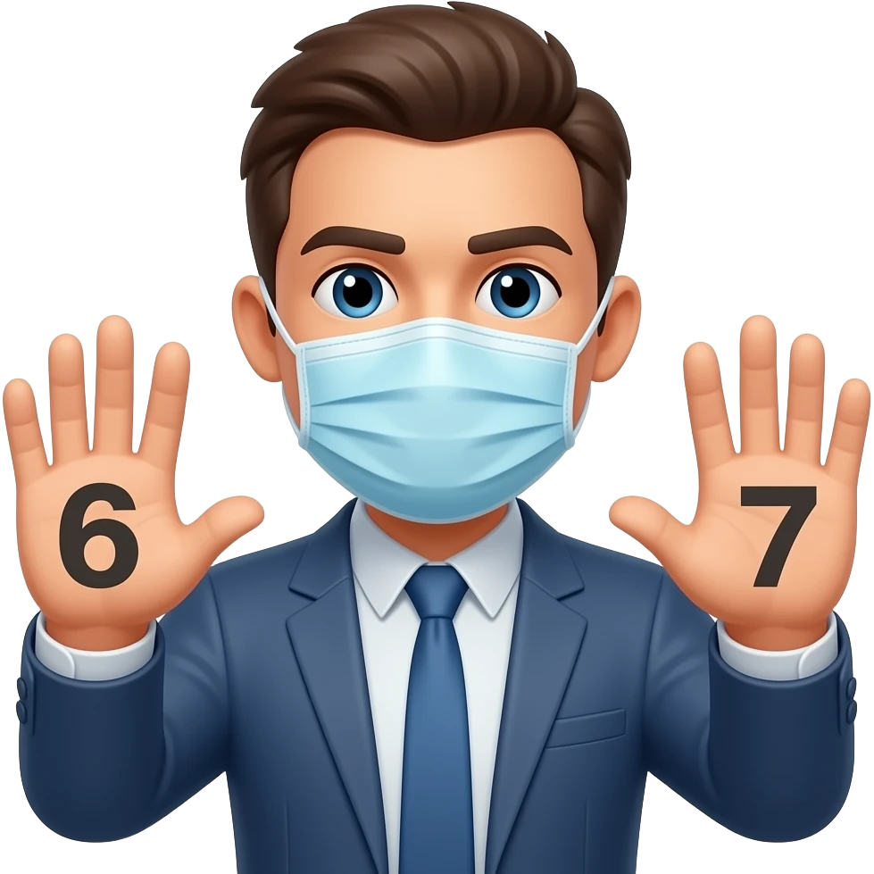 A man With mask and 6 on left hand and 7 on right emoji