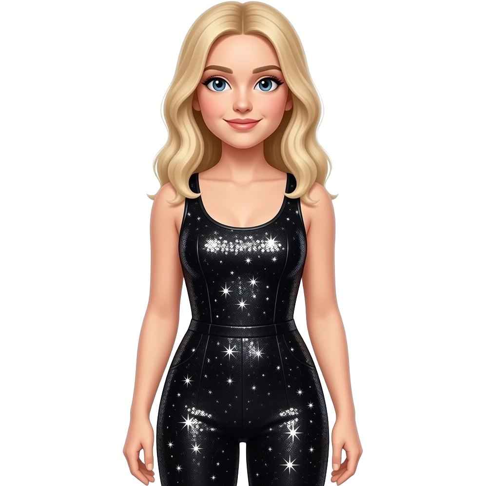 Sabrina carpenter blonde hair in A sleek, all-black sleeveless jumpsuit or catsuit made of a shimmering, glittered fabric that catches the stage lights giving it a starry, multidimensional effect emoji