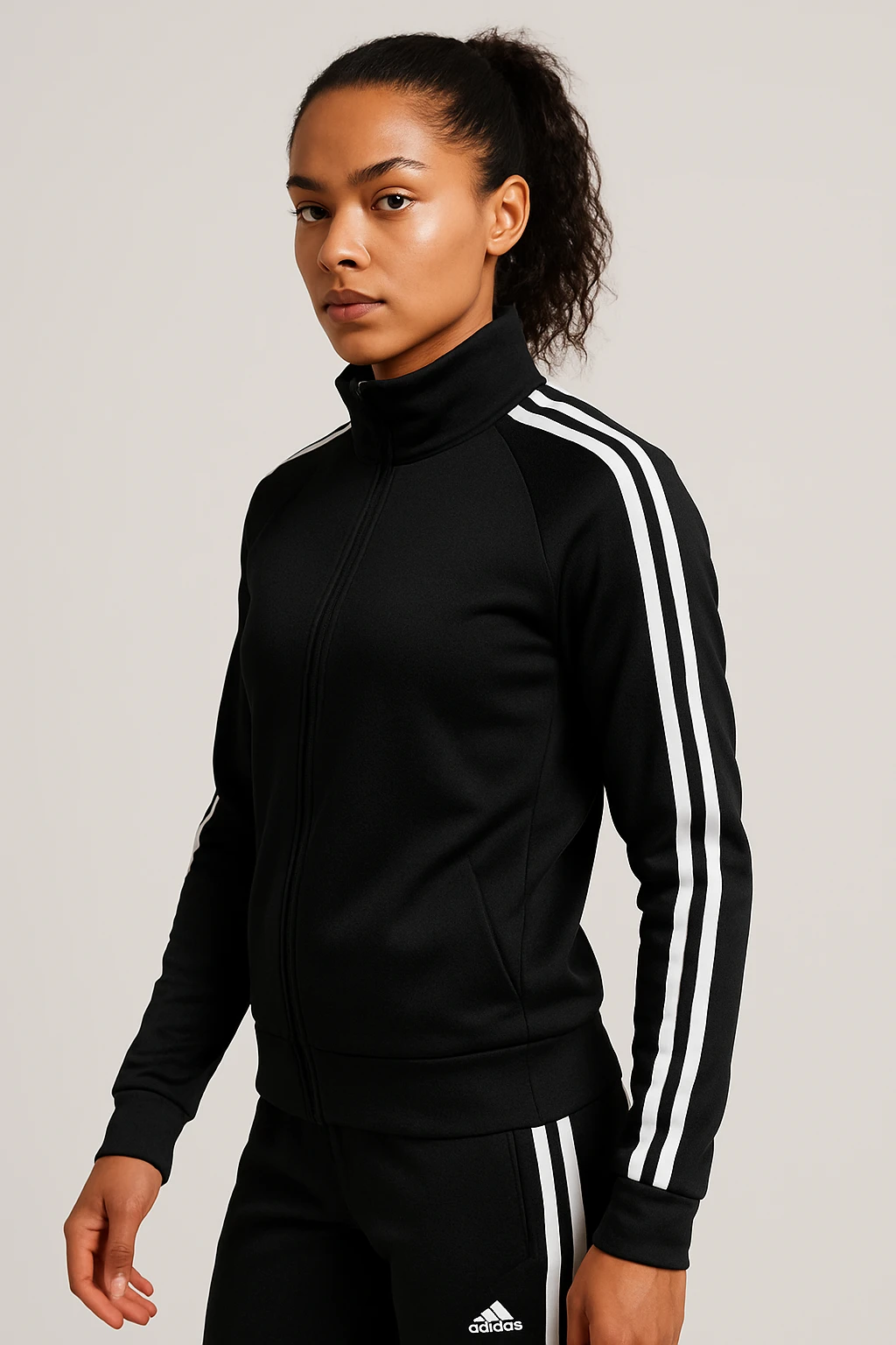 person wearing a modern black sports outfit with three clear white stripes down the side of the arms, neutral background, modern athletic look emoji