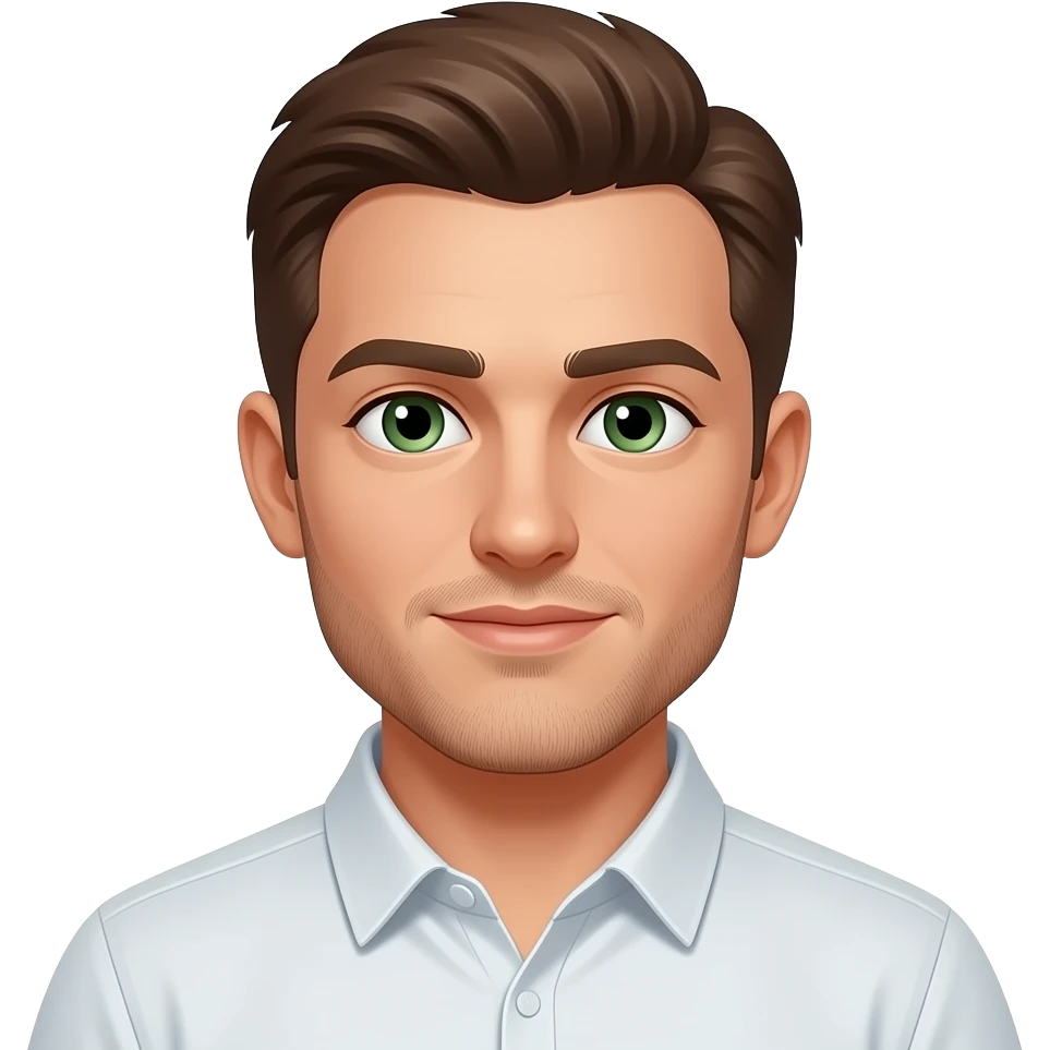 , guy white skin and brown hair, green/brown eyes, thin  beard and tall cute emoji style emoji