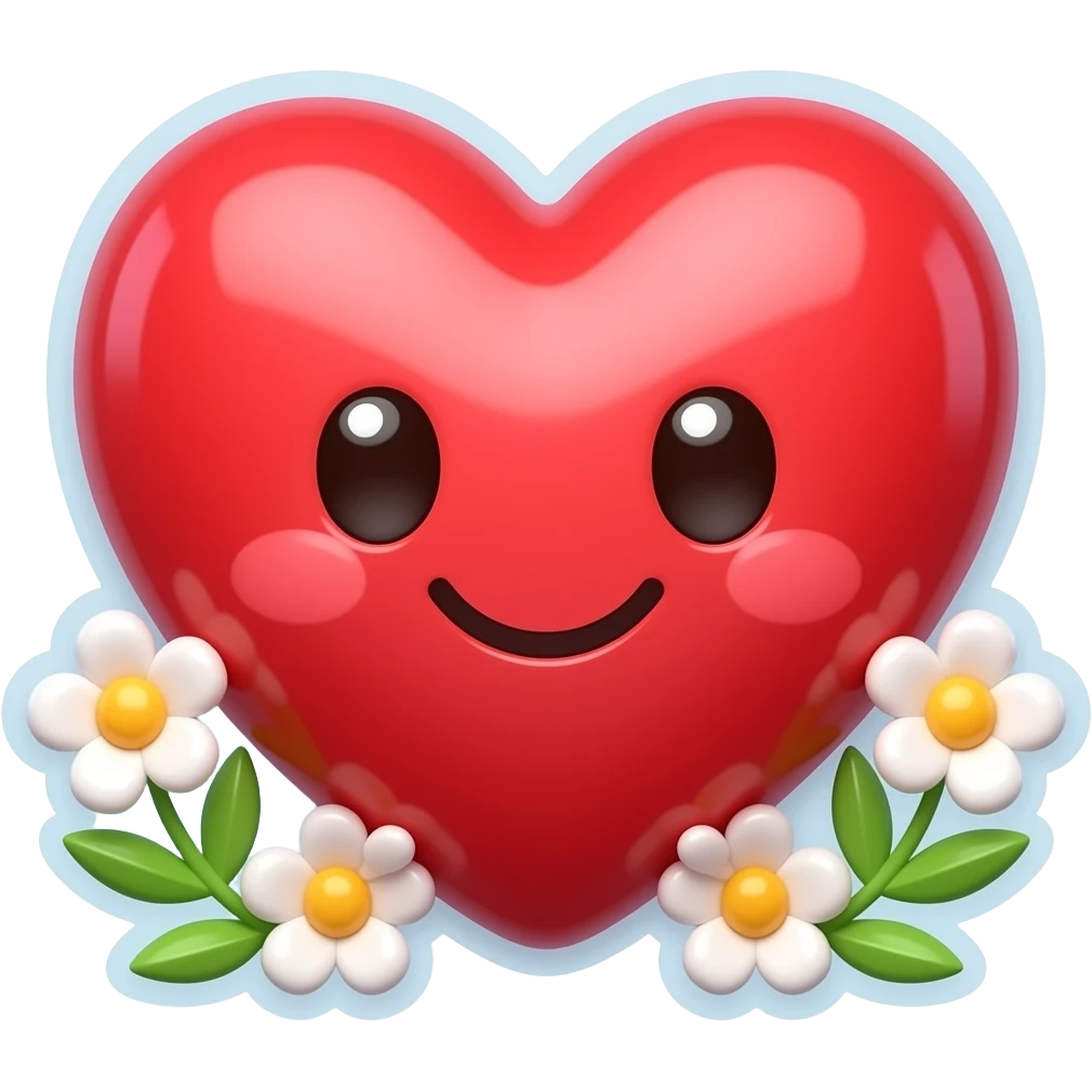 3D glossy red heart emoji with cute happy smile, surrounded by small flowers, soft lighting, vibrant colors, cartoon style, high detail, smooth shading, glowing outline, sticker style, clean background emoji