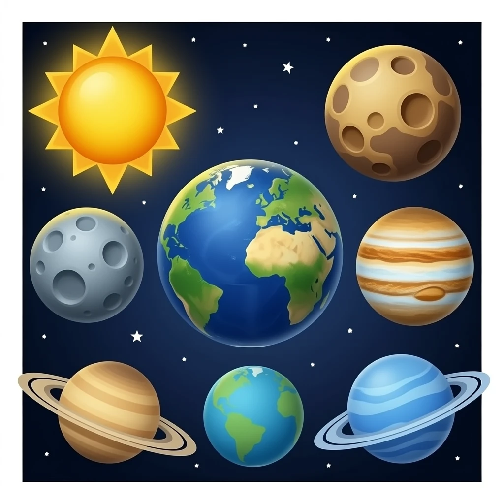 The sun and a cratered planet a volcanic planet earth a rusty planet Jupiter Saturn Uranus with rings  and neptune in a solar system emoji