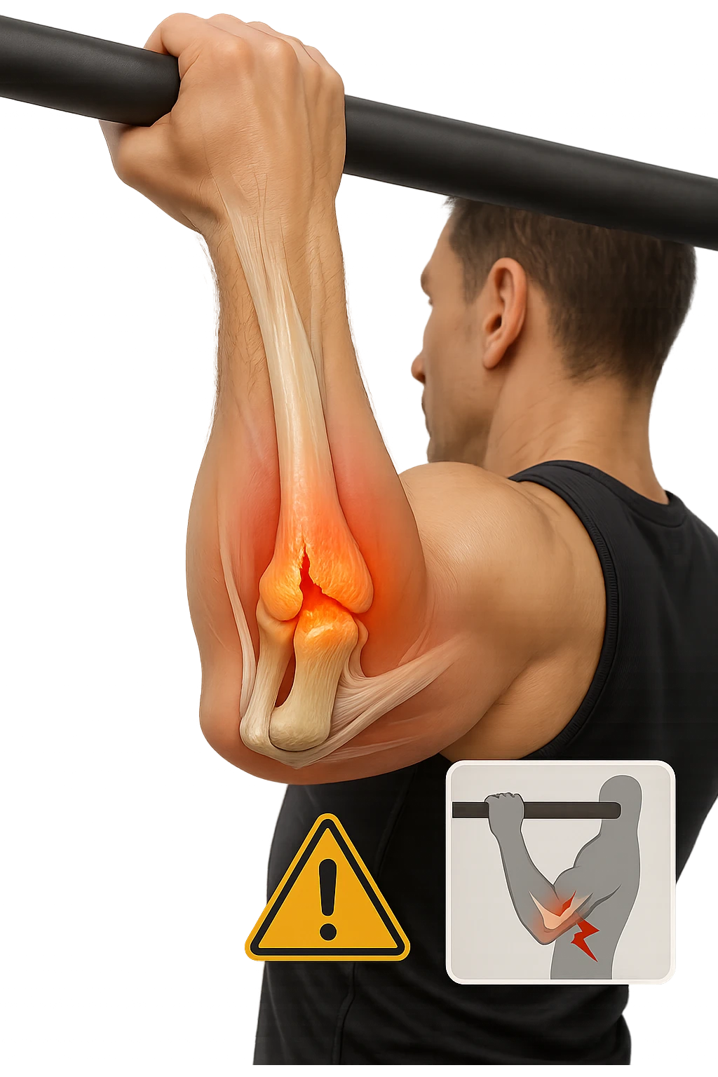 3D, vertical anatomical visualization: close-up of a man’s elbow during a pull-up, with the internal anatomy visible. A clear rupture or lesion is shown in the tendon or ligament, colored in red and orange. Swelling and inflammation are depicted around the joint. A warning icon and a small infographic explain the mechanism of injury. emoji