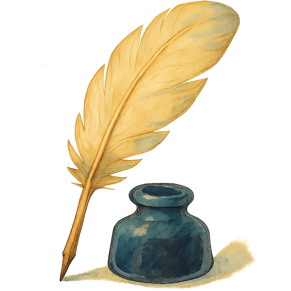feather quill and ink bottle, soft painterly textures, whimsical and creative emoji