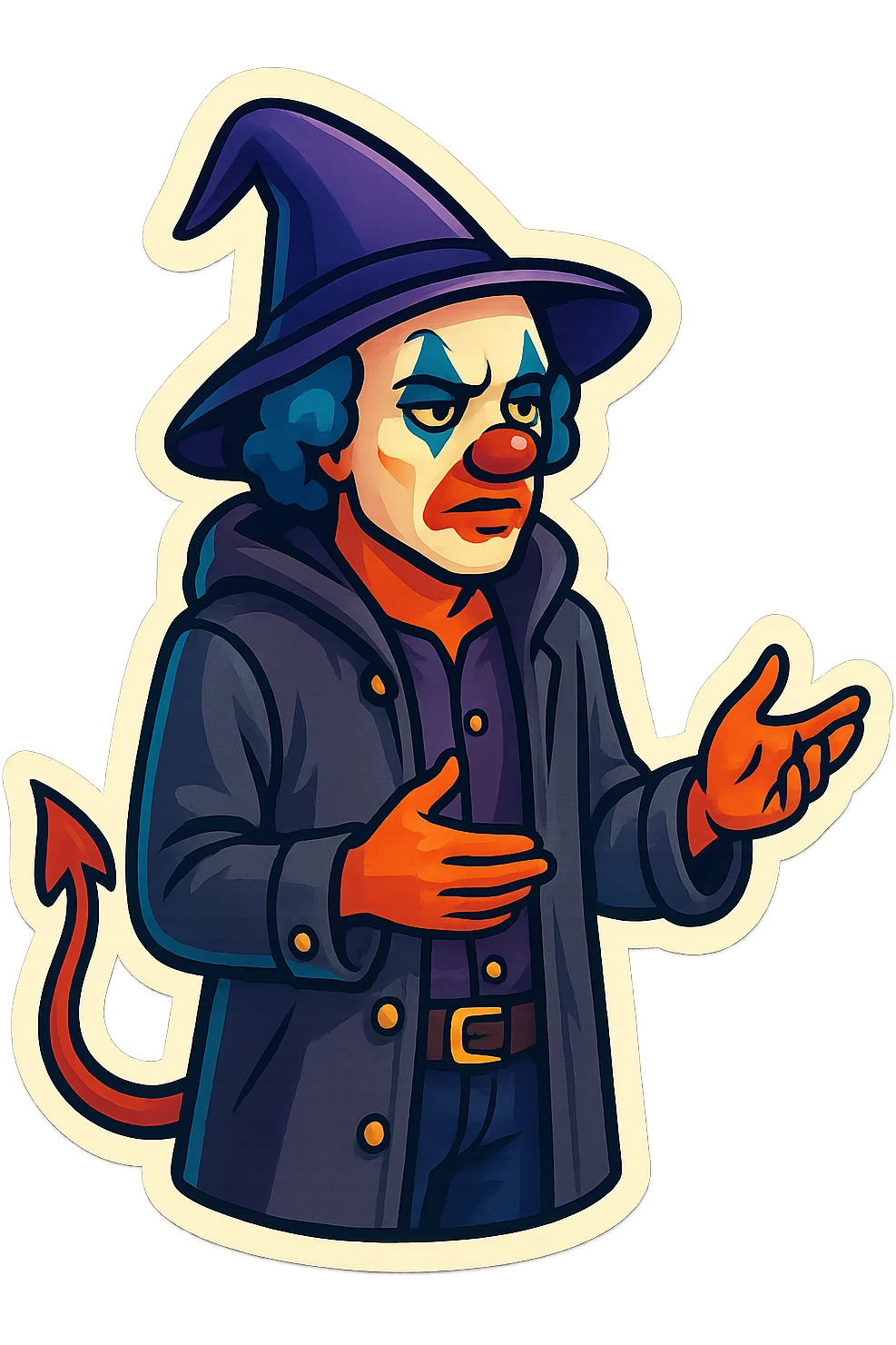 evil clown wizard in a 3/4 length unbuttoned coat with a hood, calm and serious, gesturing with hands while speaking, no pentagram, no robe, no spells, visible tail emoji