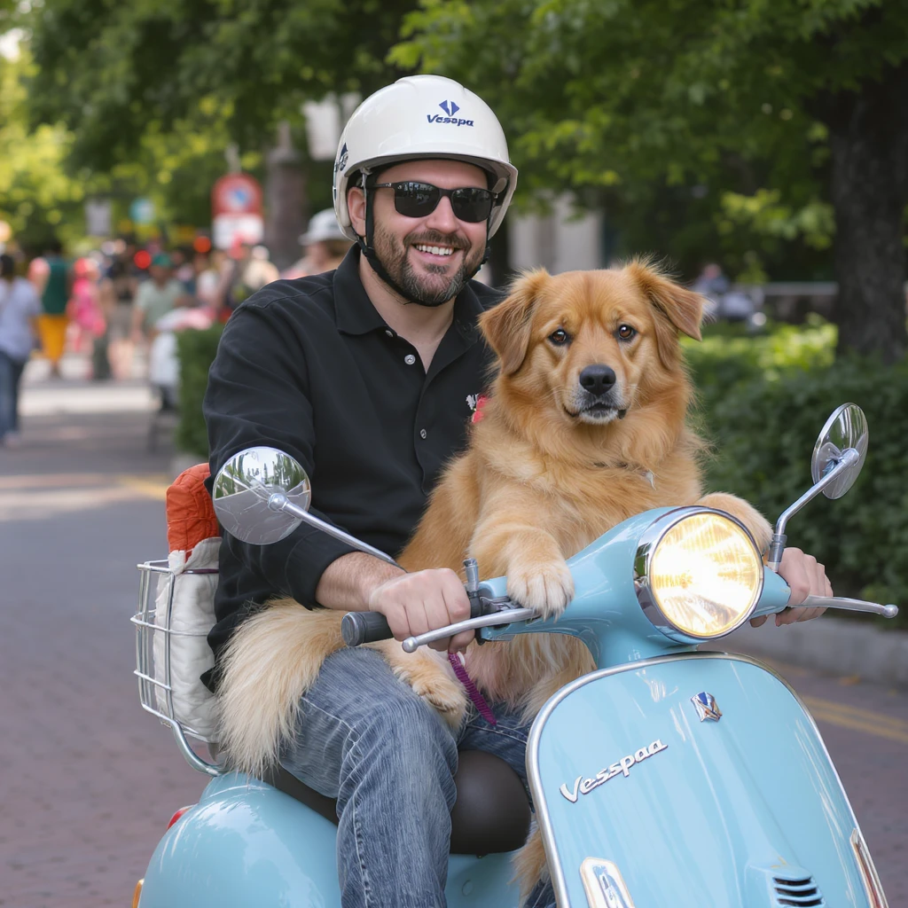man and his pet dog riding a vespa emoji