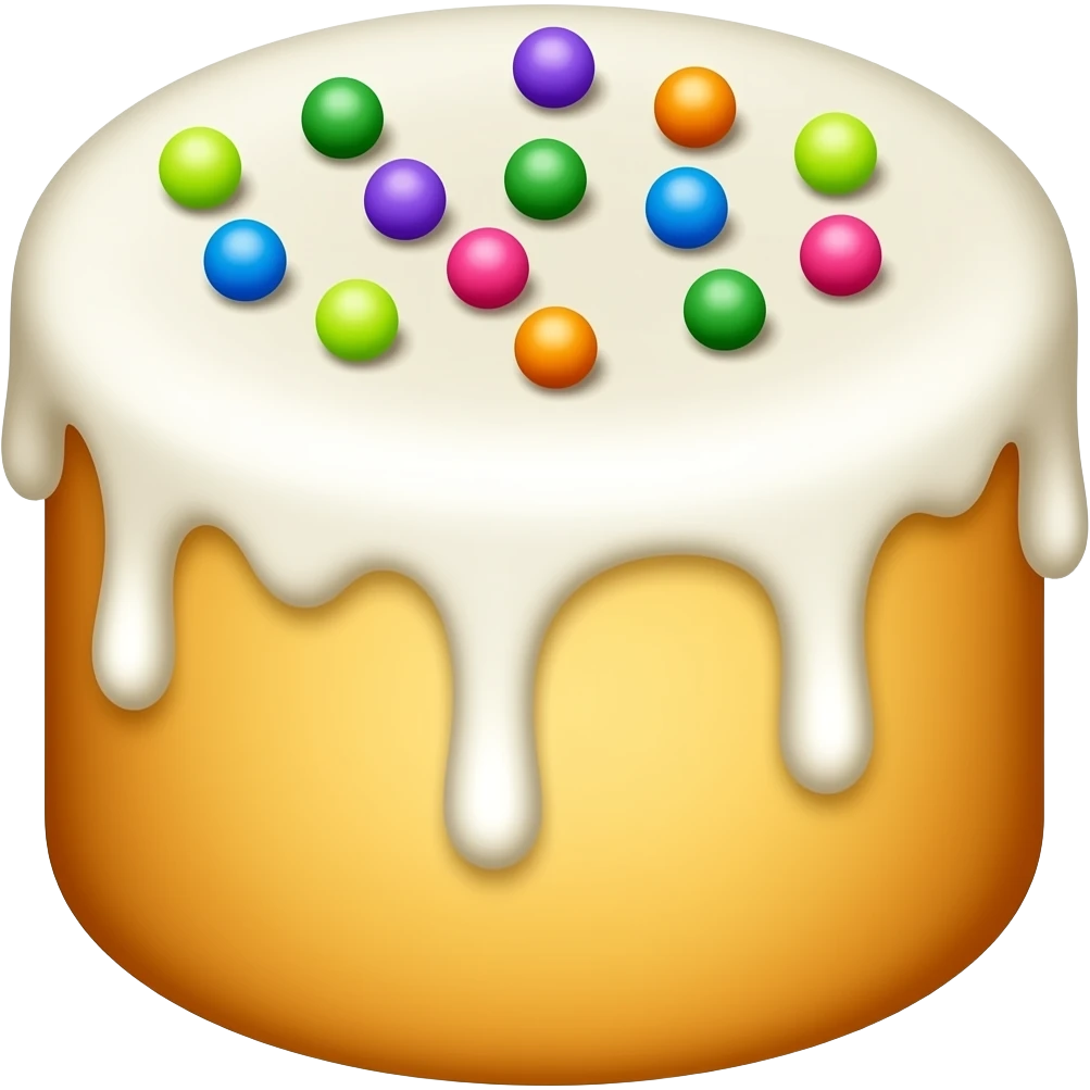 Создай кулич в стиле эмоджи iPhone — это цилиндрообразная, слегка выпуклая форма с мягкой, золотистой корочкой, будто только что из печи. Верхушка украшена белоснежной глазурью, которая стекает по бокам капельками. В центре — разноцветная посыпка: крошечные сахарные шарики. emoji