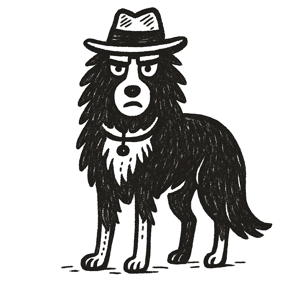 strict sheepdog with a hat, black doodle style emoji