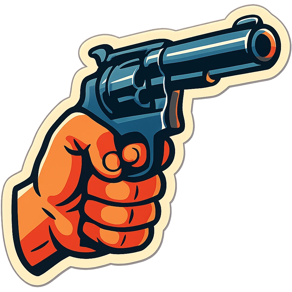 male hand holding a revolver, retro stickers style, sharp black outlines, expressive shadows and highlights, no gradients, only sharp color transitions emoji