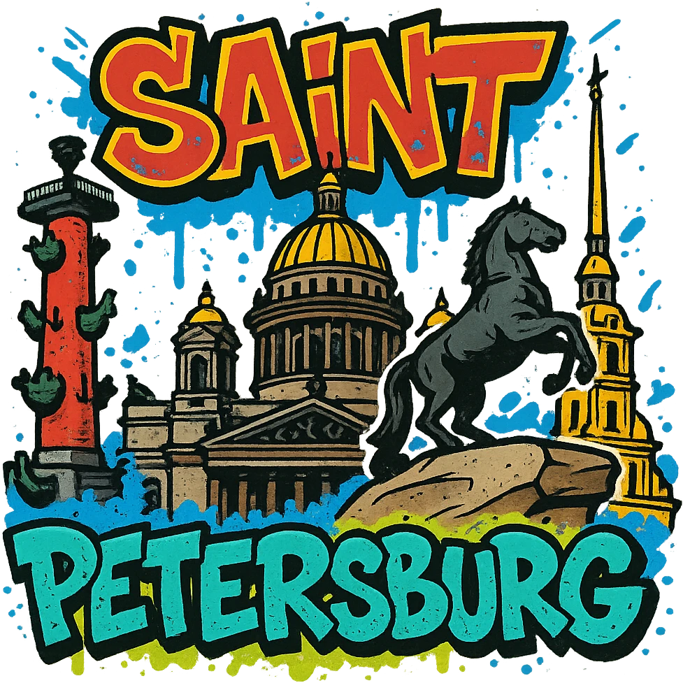 Сделай png рисунок Санкт-Петрбурка в стиле граффити emoji