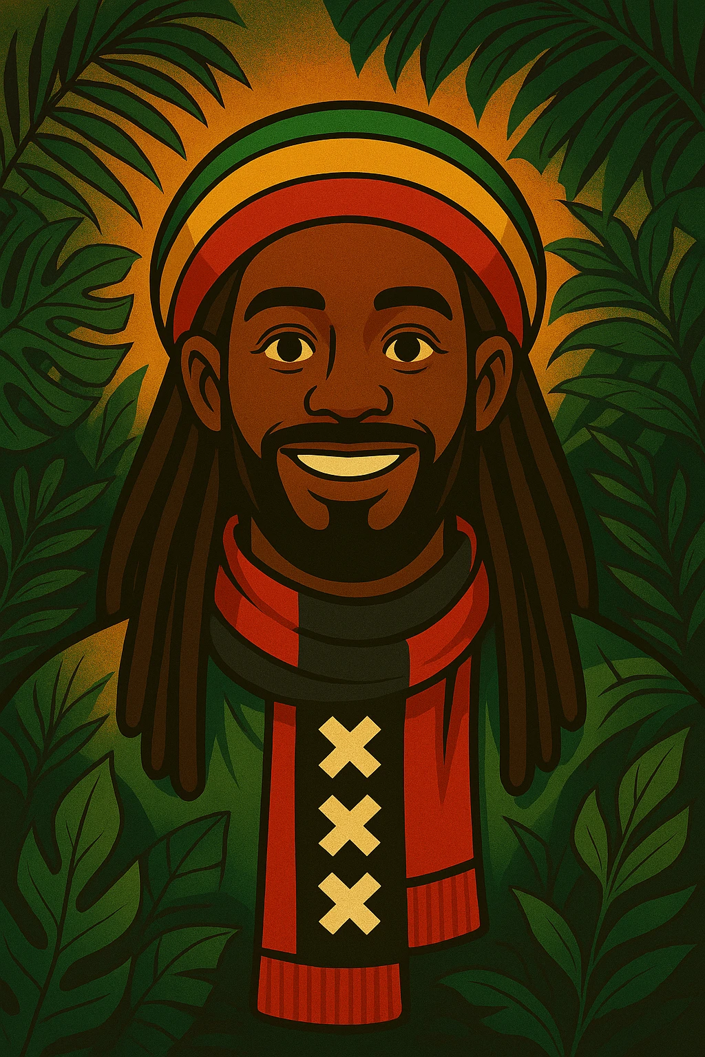 “Create a powerful illustrated portrait of a smiling man with long dreadlocks, wearing a colorful red, gold, and green knitted tam. The background has jungle leaves and warm lighting. Style: vibrant digital art, modern, bold lines, reggae vibe. With a Amsterdam colour scarf around his neck I gave a idea emoji