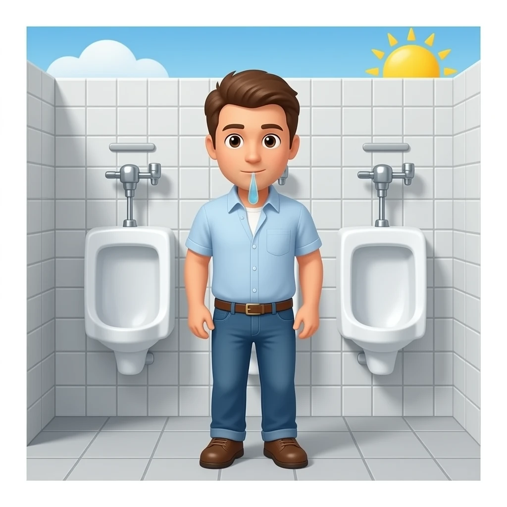 Erstelle ein Bild von einem urinal in einem öffentlichen WC, einem Mann der vor einer urinal steht und uriniert emoji