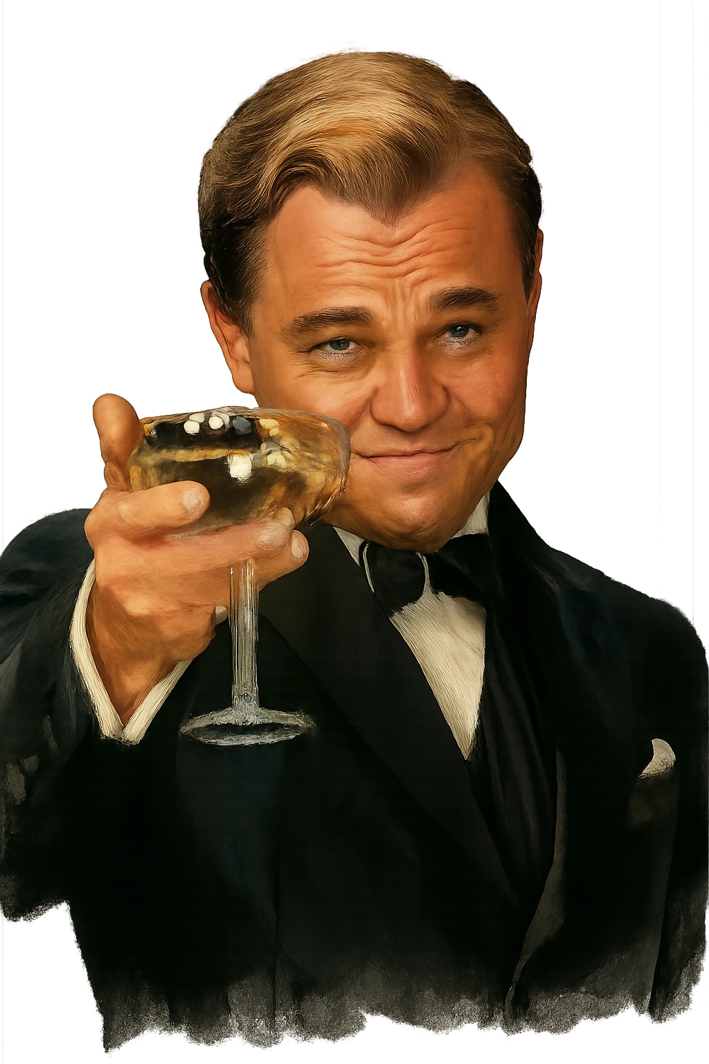 Сделай знаменитый мем с Ди Каприо из Великого Гэтсби, слегка рисованный, но при этом реалистичный объемный стиль, прозрачный фон emoji