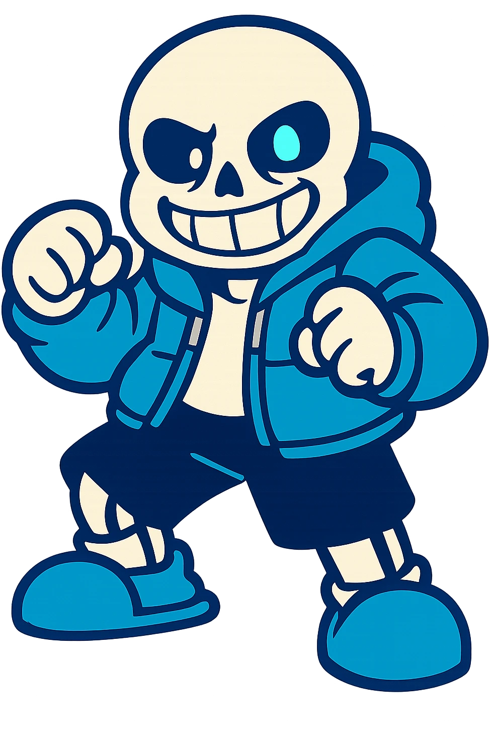 Sans from Undertale in a fighting pose, blue and white color palette emoji