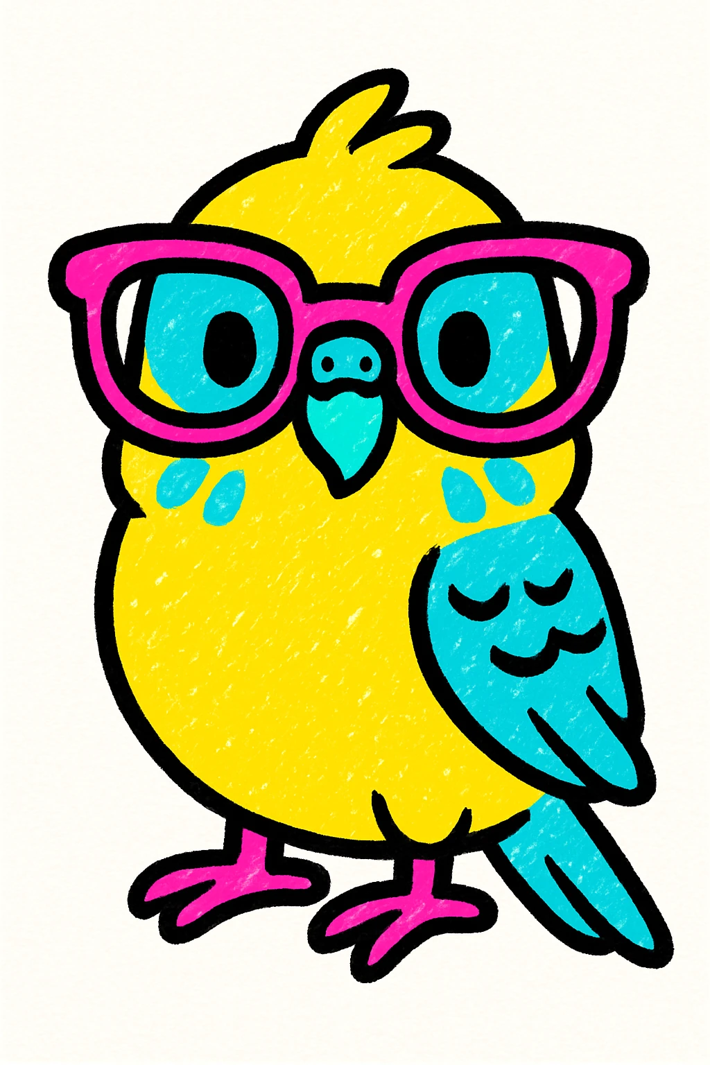 a playful budgie with oversized glasses, colorful style, vibrant and fun emoji