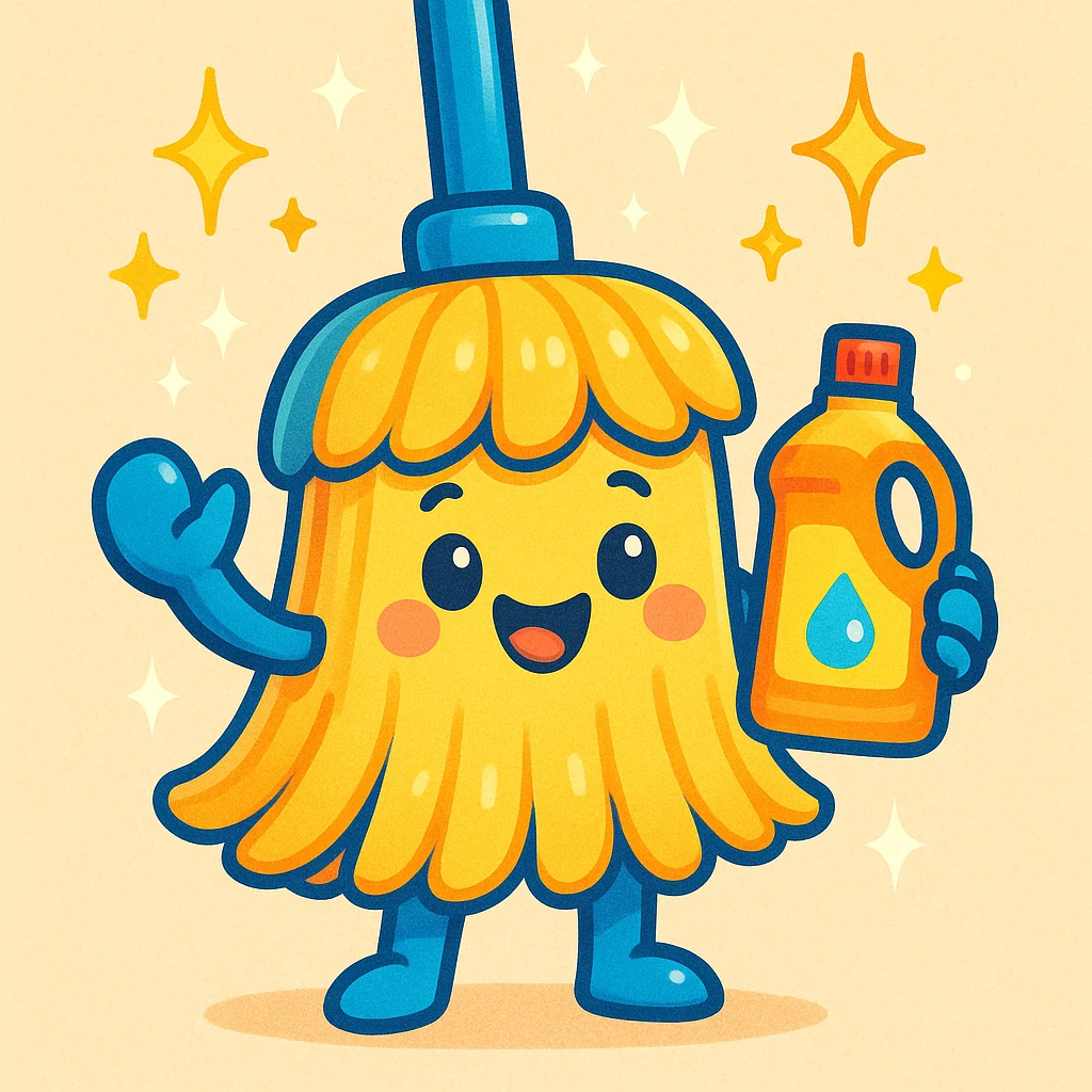 A cheerful mop character holding a bottle of cleaning syrup, with sparkles around, in a cute, colorful style emoji