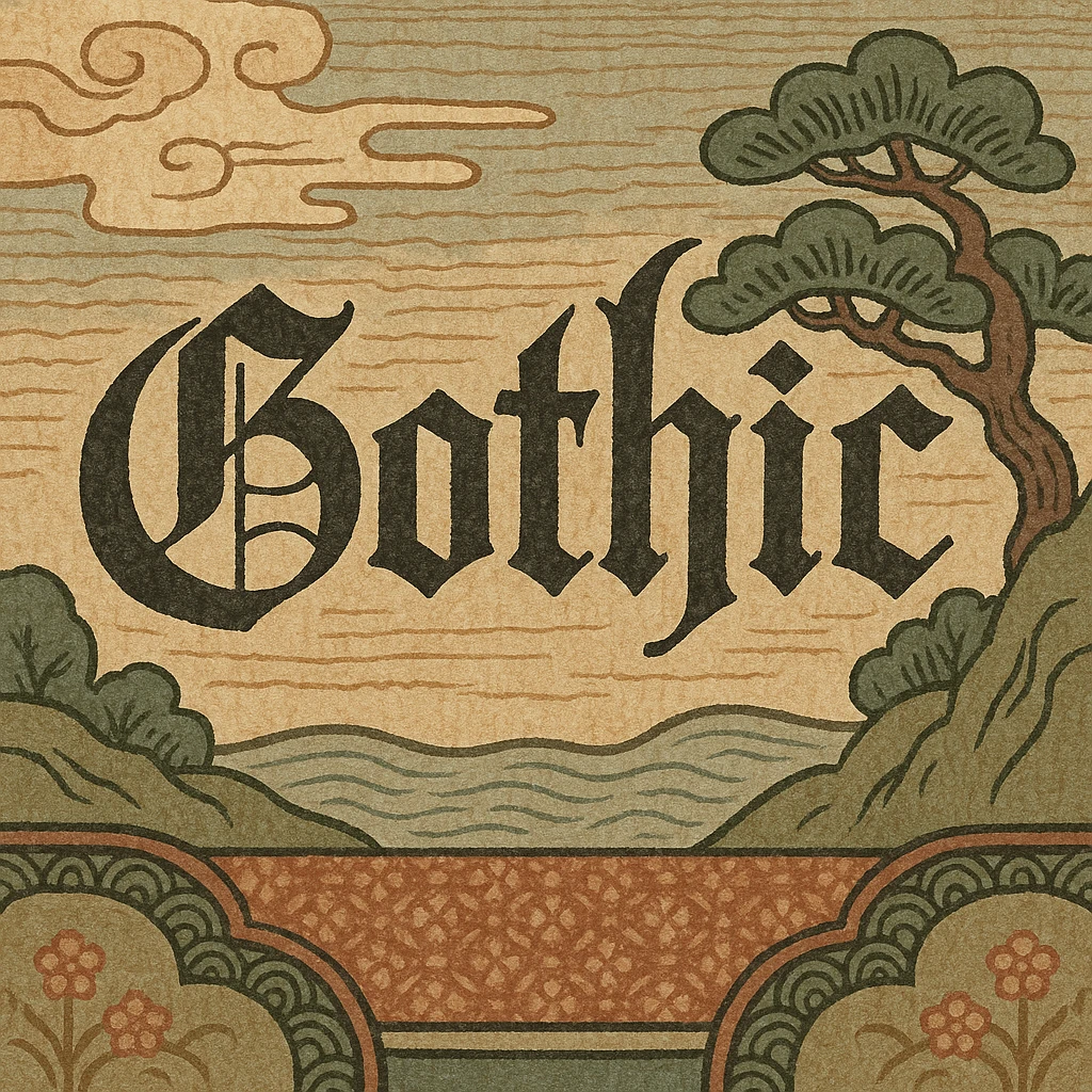 the word 'Gothic' in ornate gothic calligraphy, ukiyo-e style emoji