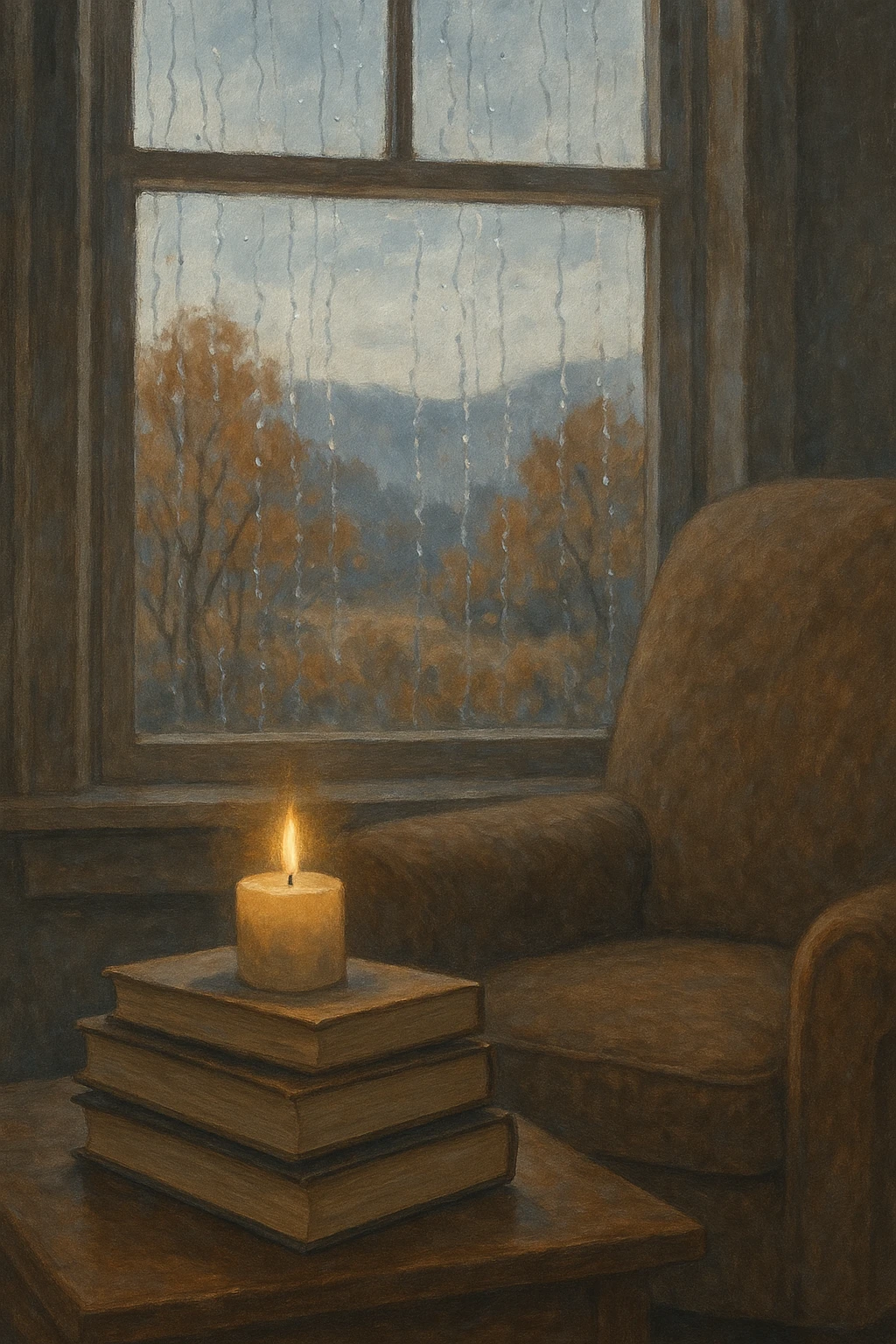 stack of books, a lit candle, and a cozy armchair by a window with rain streaks and autumn scenery in cool, muted colors emoji