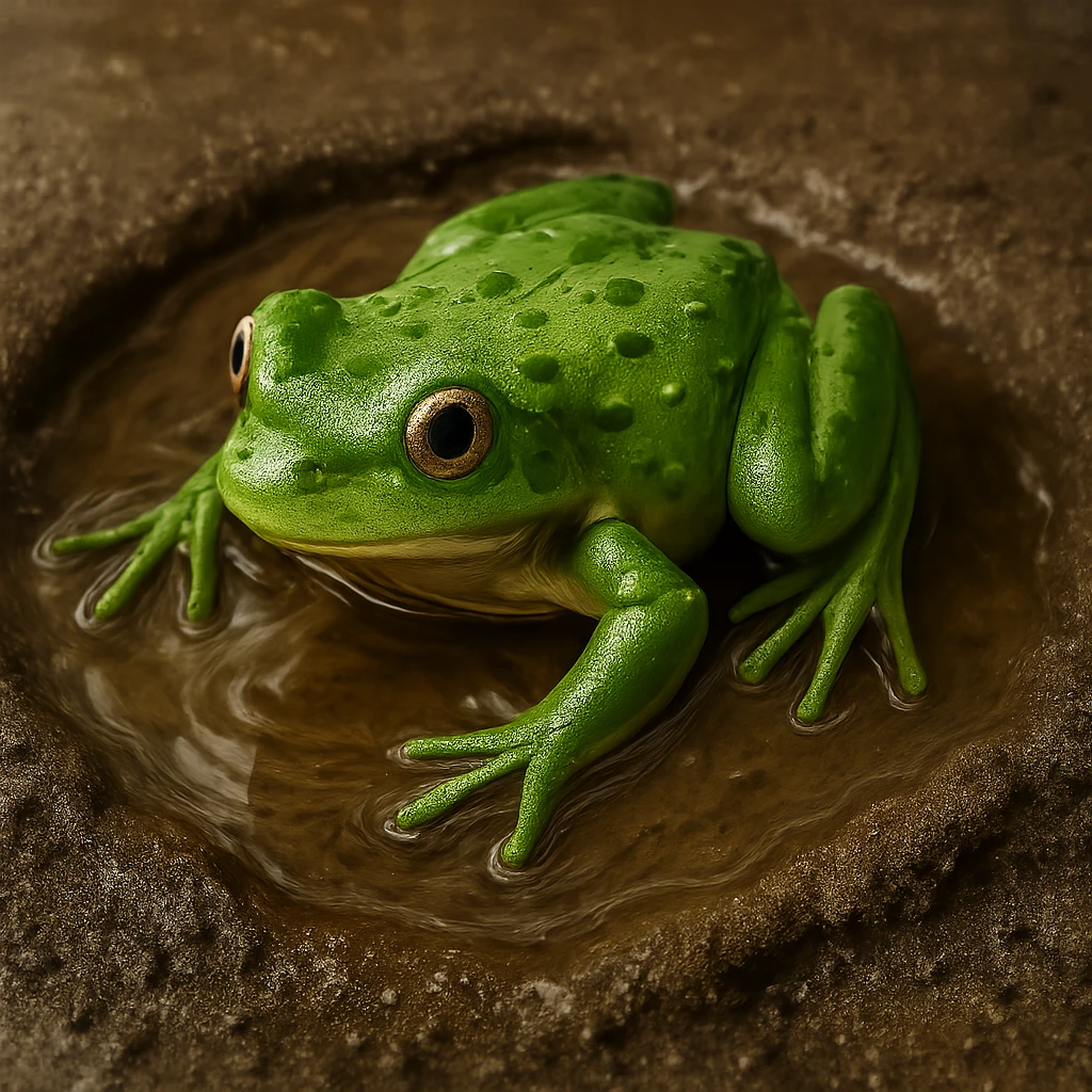 Make the muddy puddle with a small frog look more realistic with detailed water and mud textures, natural reflections, and a lifelike frog, keeping the transparent background. emoji