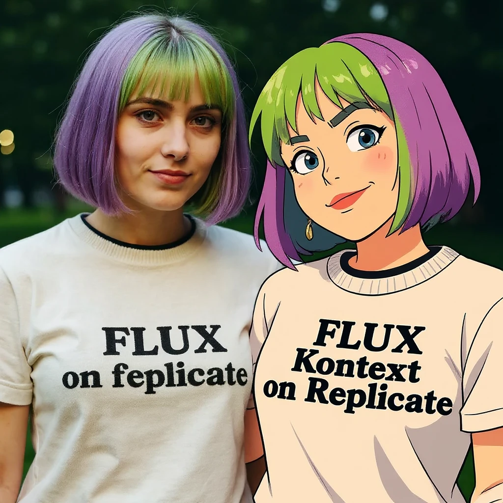 make a image of a girl with a anime version of that girl beside her wearing tshirt with text of "FLUX Kontext" emoji