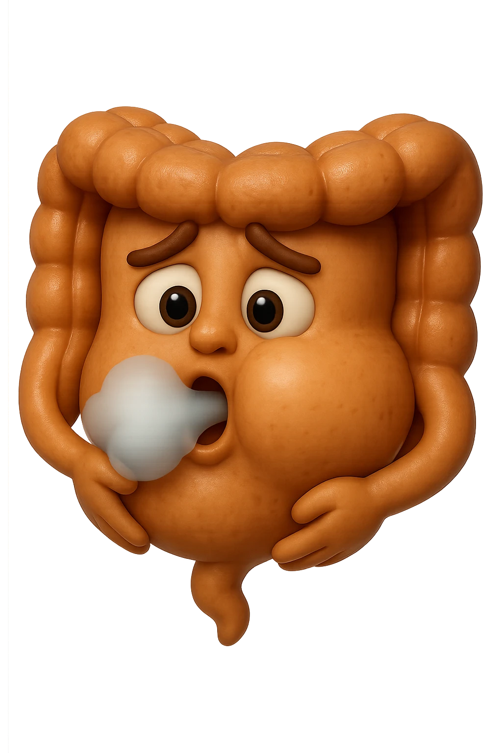 emoji stile iphone di un intestino che ingoia una nuvoletta di aria ben visibile e gli si gonfia la pancia, non fargli il naso, iperrealistico 4k emoji