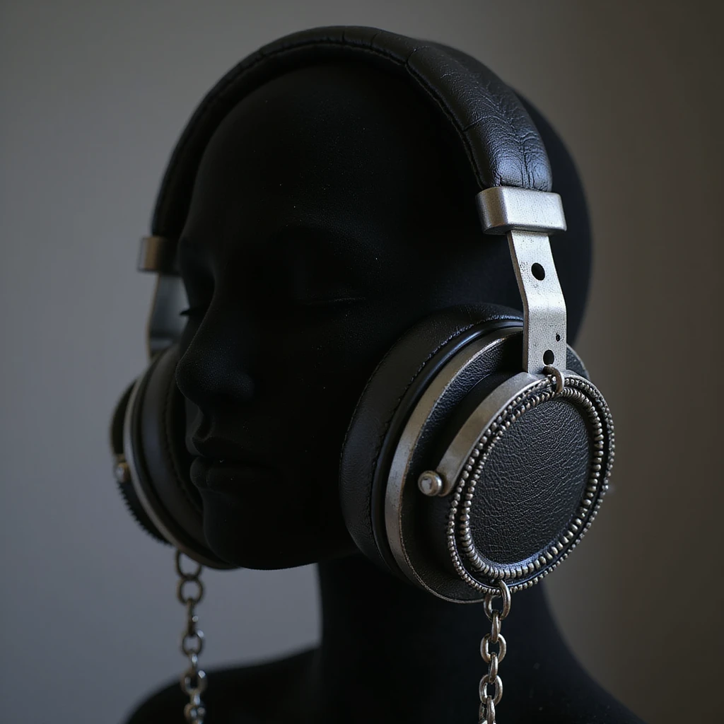 realistic goth headphones, black leather with chains, photorealistic style emoji