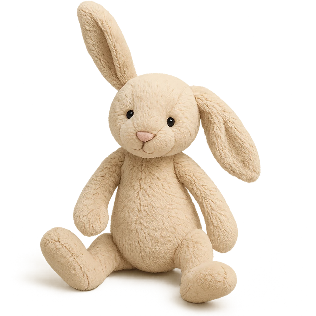 beige plush bunny inspired by Jellycat Bashful Bunny, one ear up and one ear down, playful pose emoji