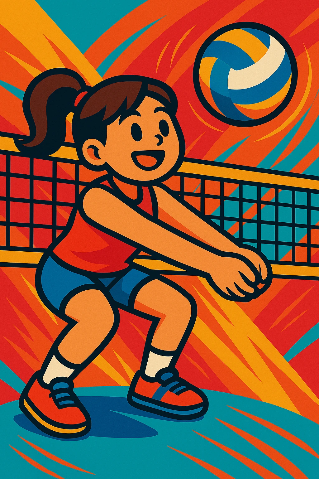 Add a volleyball net to the scene, maintaining a vibrant and energetic style with dynamic colors and lively atmosphere. emoji