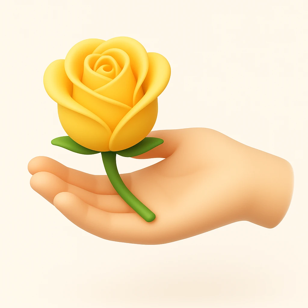 3D iOS style illustration of a hand gently holding a yellow rose, soft rounded shapes, pastel colors, smooth shading, white or light background, inspired by iOS emoji aesthetics. emoji