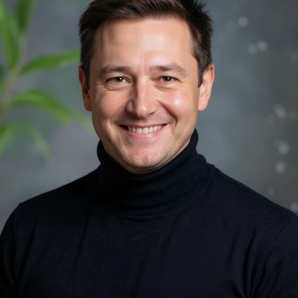 Vertical portrait, only the man's face, realistic style: smiling expression, symbols of leaves and flowing water near the face, atmosphere of purification and vitality. emoji